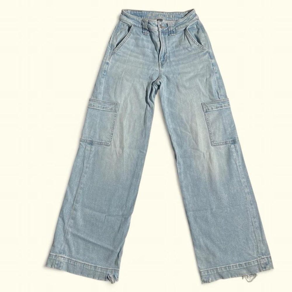 American Eagle Super High Rise Baggy Wide Leg Cargo Jeans Light Wash 00 Short
